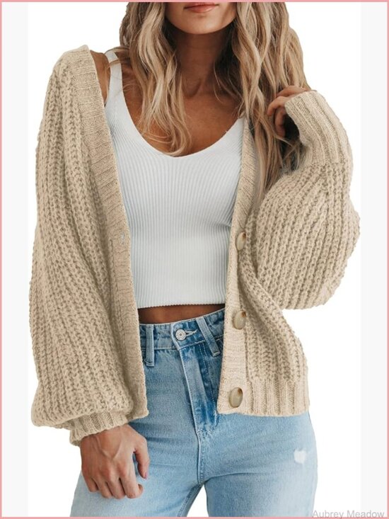 Sweaters - Chunky Knit Open Front Cardigan Long Sleeve Button Loose Short Sweater Outerwear